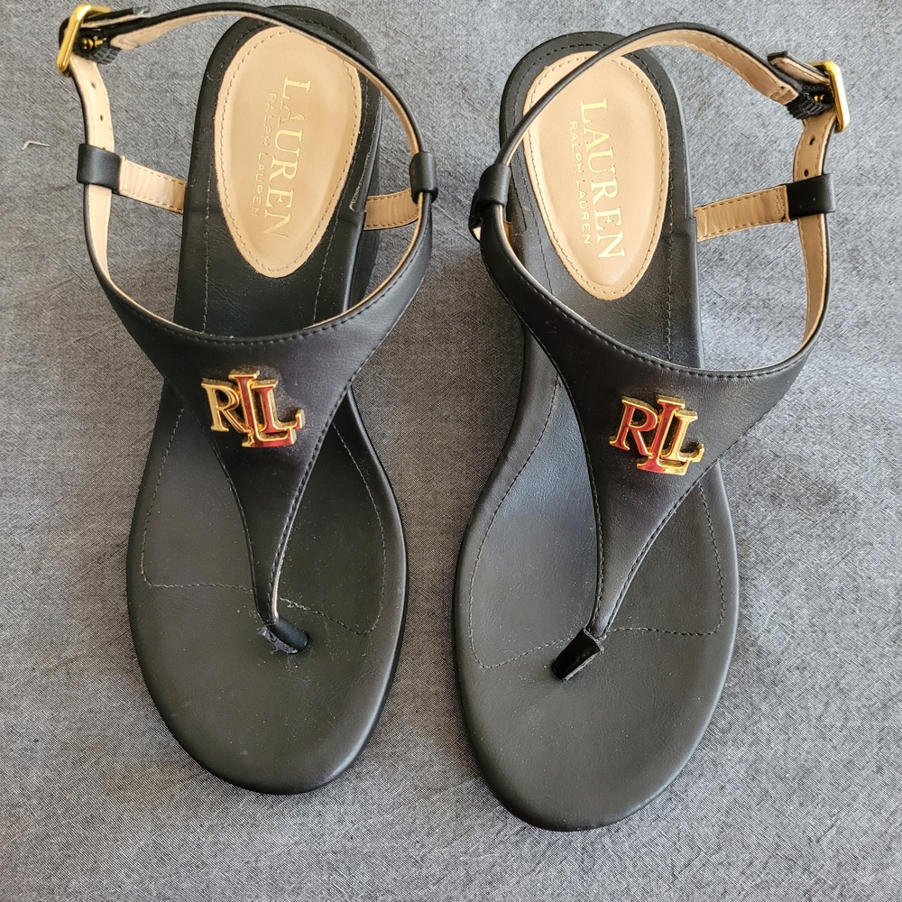 Lauren Ralph Lauren Black Sandals with Gold Logo